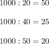 1000:20=50\\\\1000:40=25\\\\1000:50=20