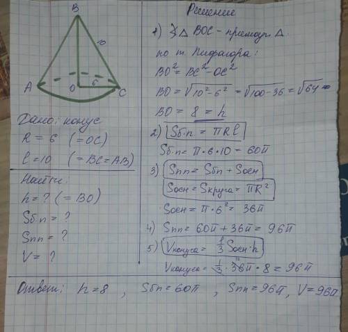 Радиус основания конуса равен 6, образующая 10. Найдите высоту конуса, площадь боковой и полной пове