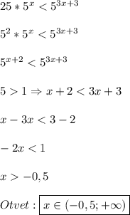 25*5^{x}<5^{3x+3}\\\\5^{2}*5^{x}<5^{3x+3}\\\\5^{x+2}<5^{3x+3}\\\\51\Rightarrow x+2<3x+3\\\\x-3x<3-2\\\\-2x<1\\\\x-0,5\\\\Otvet:\boxed{x\in(-0,5;+\infty)}