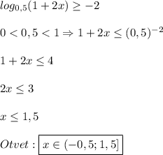 log_{0,5}(1+2x)\geq -2\\\\0<0,5<1\Rightarrow 1+2x\leq (0,5)^{-2}\\\\1+2x\leq 4\\\\2x\leq 3\\\\x\leq 1,5\\\\Otvet:\boxed{x\in(-0,5;1,5]}