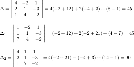 \Delta =\left|\begin{array}{ccc}4&-2&1\\2&1&-3\\1&4&-2\end{array}\right|=4(-2+12)+2(-4+3)+(8-1)=45\\\\\\\Delta _1=\left|\begin{array}{ccc}1&-2&1\\1&1&-3\\7&4&-2\end{array}\right|=(-2+12)+2(-2+21)+(4-7)=45\\\\\\\Delta _2=\left|\begin{array}{ccc}4&1&1\\2&1&-3\\1&7&-2\end{array}\right|=4(-2+21)-(-4+3)+(14-1)=90