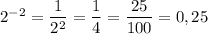 {2}^{-2}=\dfrac{1}{{2}^{2}}=\dfrac{1}{4}=\dfrac{25}{100}=0,25