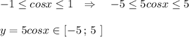 -1\leq cosx\leq 1\ \ \Rightarrow \ \ \ -5\leq 5cosx\leq 5\\\\y=5cosx\in [-5\, ;\, 5\ ]