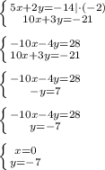 \left \{ {{5x + 2y = -14 | \cdot (-2)} \atop {10x + 3y = -21}} \right.\\\\\left \{ {{-10x - 4y = 28} \atop {10x + 3y = -21}} \right.\\\\\left \{ {{-10x - 4y = 28} \atop {-y = 7}} \right.\\\\\left \{ {{-10x - 4y = 28} \atop {y = -7}} \right.\\\\\left \{ {{x = 0} \atop {y = -7}} \right.