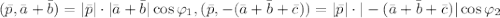 (\bar{p}, \bar{a}+\bar{b}) = |\bar{p}| \cdot |\bar{a}+\bar{b}| \cos \varphi_1, (\bar{p}, -(\bar{a}+\bar{b}+\bar{c})) = |\bar{p}| \cdot |-(\bar{a}+\bar{b}+\bar{c})| \cos \varphi_2