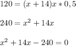 120=(x+14)x*0,5\\\\240=x^{2}+14x\\\\x^{2}+14x-240=0