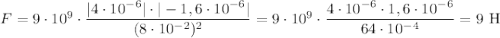 F = 9 \cdot 10^{9} \cdot \dfrac{|4 \cdot 10^{-6}| \cdot |-1,6 \cdot 10^{-6}|}{(8 \cdot 10^{-2})^{2}} = 9 \cdot 10^{9} \cdot \dfrac{4 \cdot 10^{-6} \cdot 1,6 \cdot 10^{-6}}{64 \cdot 10^{-4}} = 9 \ \text{H}