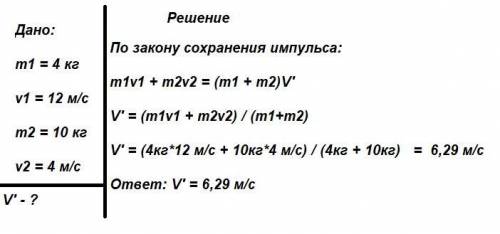 шар массой 4 кг , движущийся со скоростью 12 м/с,догоняет второй шар массой 10кг,движущийся в том же