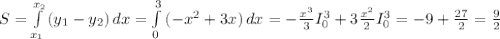 S = \int\limits^{x_{2} }_{x_{1} } {(y_{1} -y_{2} )} \, dx = \int\limits^3_{0} {(-x^{2}+3x )} \, dx =-\frac{x^{3} }{3} I_{0} ^{3} +3\frac{x^{2} }{2} I_{0} ^{3} = -9+\frac{27}{2}= \frac{9}{2}