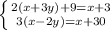 \left \{ {{2(x+3y)+9=x+3} \atop {3(x-2y)=x+30} \right.