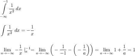 \displaystyle\\\int\limits^{-1}_{-\infty} {\frac{1}{x^2} } \, dx\\\\\\\int \frac{1}{x^2}\ dx=-\frac{1}{x}\\\\\\ \lim_{a \to -\infty} -\frac{1}{x}\mid^{-1}_a= \lim_{a \to -\infty}\bigg(-\frac{1}{-1}-\bigg(-\frac{1}{a}\bigg)\bigg)= \lim_{a \to -\infty} 1+\frac{1}{a}=1