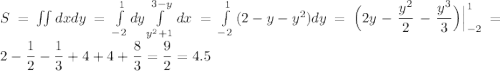 S= \iint{dxdy}=\int\limits_{-2}^1{dy}\int\limits_{y^2+1}^{3-y}{dx}=\int\limits_{-2}^1{(2-y-y^2)dy}=\Big(2y-\dfrac{y^2}{2}-\dfrac{y^3}{3}\Big)\Big|^{1}_{-2}=2-\dfrac{1}{2}-\dfrac{1}{3}+4+4+\dfrac{8}{3}=\dfrac{9}{2}=4.5