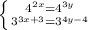 \left \{ {{4^{2x}=4^{3y}} \atop {3^{3x+3}=3^{4y-4}}} \right.