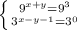 \left \{ {{9^{x+y} =9^{3} } \atop {3^{x-y-1} =3^{0} }} \right.