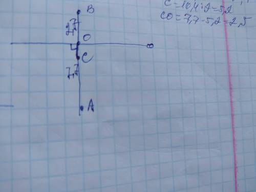 На різних сторонах від прямої дано точки A і B на відстанях 7,7 см та 2,7 см відповідно. Визнач відс