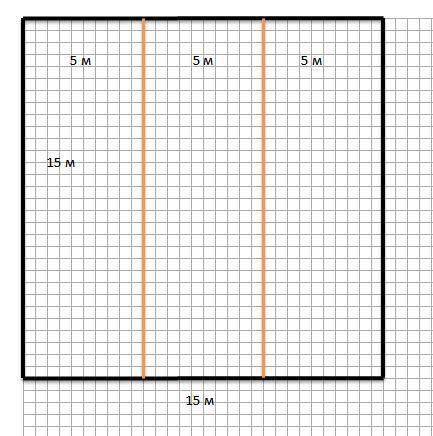 Цветник имеет форму квадрата со стороной 15м. Он разбит на 3 равных участка. Какова площадь каждого