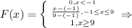 F(x)=\left \{ {{{0, x < -1} \atop {\frac{x-(-1)}{9-(-1)}, -1 \leq x \leq9 }}\atop{1, x\geq 9} \right.\Rightarrow