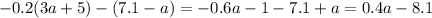 - 0.2(3a + 5) - (7.1 - a) = - 0.6a - 1 - 7.1+ a = 0.4a - 8.1