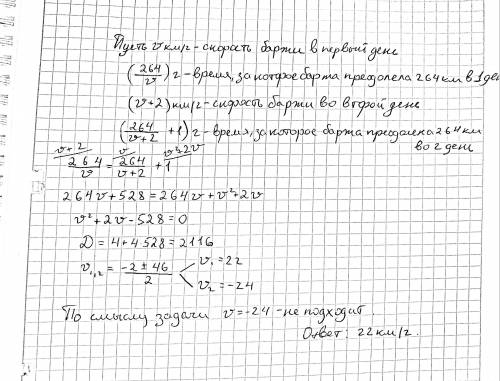 Расстояние между пунктами А и Б 264 км. В первый день баржа преодолела путь. На второй день она возв