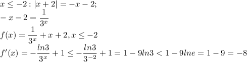 x\leq -2: |x+2|=-x-2;\;\;\\ -x-2=\dfrac{1}{3^x}\\ f(x)=\dfrac{1}{3^x}+x+2, x\leq -2\\ f'(x)=-\dfrac{ln3}{3^x}+1\leq -\dfrac{ln3}{3^{-2}}+1=1-9ln3