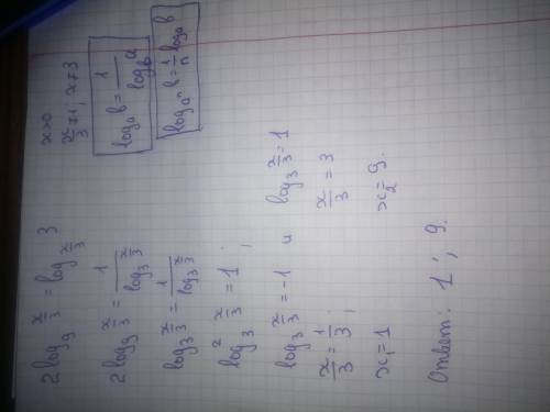 Хотелось бы увидеть ход решения такого логарифмического уравнения.2log_9 (x/3) = log_(x/3) 3