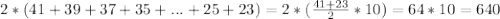 2*(41+39+37+35+...+25+23)=2*(\frac{41+23}{2}*10)=64*10=640