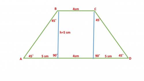 Дано трапеція висота 5 см, менша основа 4 см, гострий кут 45 градусів знайти площу трапеції