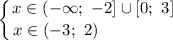 \displaystyle \left \{ {{x \in (-\infty; \ -2] \cup [0; \ 3]} \atop {x \in (-3; \ 2) \ \ \ \ \ \ \ \ \ \ \ \ \ \,}} \right.