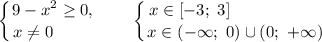 \displaystyle \left \{ {{9 - x^{2} \geq 0,} \atop {x \neq 0 \ \ \ \ \ \ \ }} \right. \ \ \ \ \ \ \left \{ {{x \in [-3; \ 3] \ \ \ \ \ \ \ \ \ \ \ \ \ \ \ \ \, } \atop {x \in (-\infty; \ 0) \cup (0; \ +\infty)} } \right.