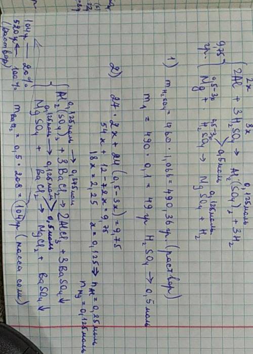 Для реакции 9,75 г смеси алюминия и магния с серной кислотой требуется 460 мл 10%-ного раствора серн