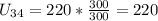 U_{34}=220*\frac{300}{300}=220