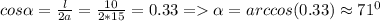 cos\alpha =\frac{l}{2a}=\frac{10}{2*15}=0.33 = \alpha =arccos(0.33)\approx71^0