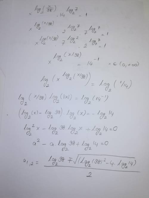 Ребят решить пример, ответ должен выйти x=7 и x=14 x^(log2(x/98))*14^(log2(7)) = 1.​