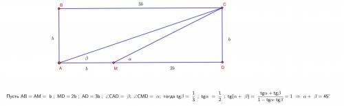 Точка M на стороне AD прямоугольника ABCD такова, что AB=AM=MD/2. Найдите сумму ∠CAD+∠CMD.