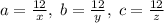 a=\frac{12}{x},\; b=\frac{12}{y},\; c=\frac{12}{z}