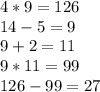 4*9=126\\14-5=9\\9+2=11\\9*11=99\\126-99=27