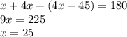 x + 4x + (4x - 45) = 180\\9x = 225\\x = 25