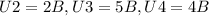 U2 = 2 B, U3 = 5B, U4 = 4B