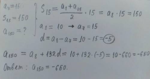 В арифметической прогрессии а(n) , a7=15, а сумма первых пятнадцати элементов равна 150. Найдите а15