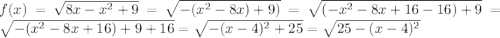 f(x) = \sqrt{8x-x^2+9} = \sqrt{-(x^2-8x)+9)} = \sqrt{(-x^2 - 8x + 16-16)+9} = \sqrt{-(x^2 - 8x + 16) + 9 +16} = \sqrt{-(x-4)^2 + 25} = \sqrt{25-(x-4)^2}