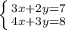 \left \{ {{3x + 2y = 7} \atop {4x + 3y = 8}} \right.