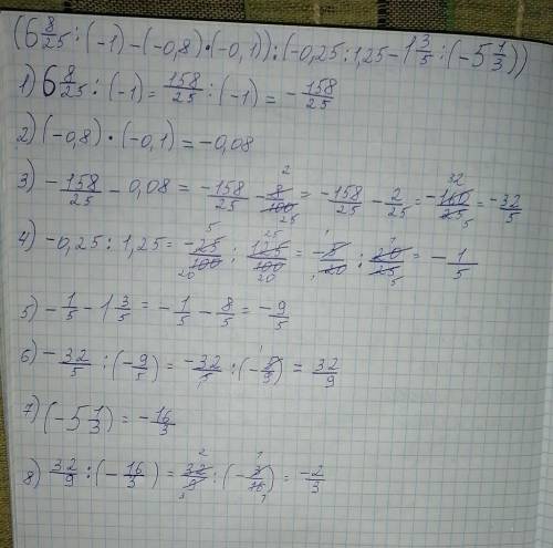 (6 8/25:(-1)-(-0,8)×(-0,1)):(-0,25:1,25-1 3/5:(-5 1/3)) решить по действиям нужно