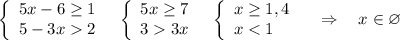 \left\{\begin{array}{ccc}5x-6\geq 1\\5-3x2\end{array}\right\ \ \left\{\begin{array}{l}5x\geq 7\\33x\end{array}\right\ \ \left\{\begin{array}{l}x\geq 1,4\\x