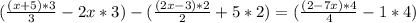 (\frac{(x + 5)*3}3} -2x*3) -(\frac{(2x - 3)*2}{2} +5*2) =(\frac{(2 - 7x)*4}{4} -1*4)