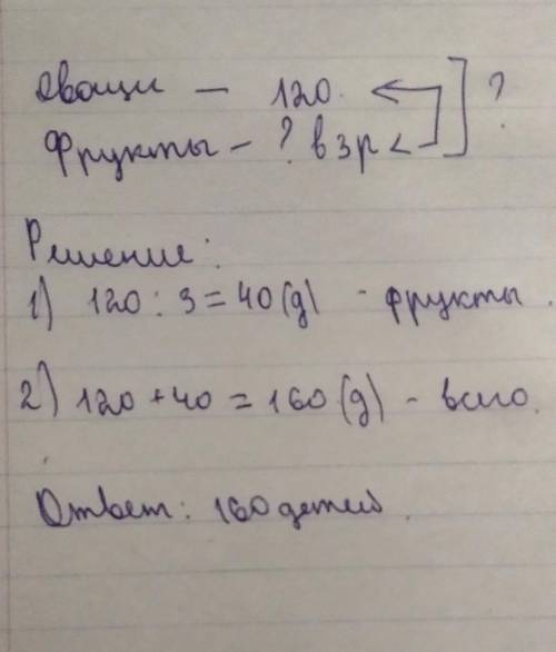 120 школьников в соборе овощи а она уборки фруктов детей было в 3 раза меньше Сколько всего детей со