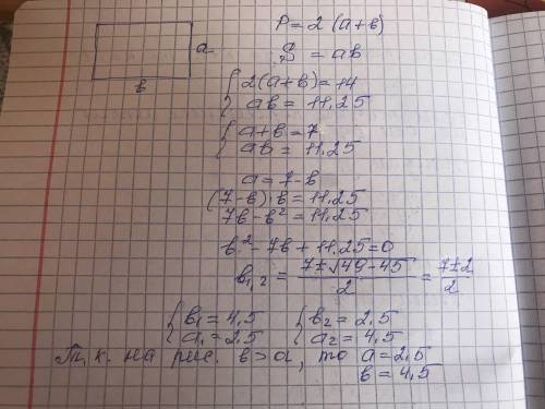 Найти стороны прямоугольника, если известны периметр 14 и площадь 11,25