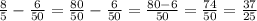 \frac{8}{5}-\frac{6}{50} =\frac{80}{50}-\frac{6}{50}=\frac{80-6}{50}=\frac{74}{50}=\frac{37}{25}