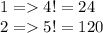 1=4! = 24\\2= 5! = 120