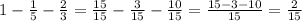 1 - \frac{1}{5} - \frac{2}{3} = \frac{15}{15} - \frac{3}{15} - \frac{10}{15} = \frac{15 - 3 - 10}{15} = \frac{2}{15}