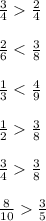 \frac{3}{4}\frac{2}{4}\\\\\frac{2}{6}\frac{3}{8}\\\\\frac{8}{10}\frac{3}{5}